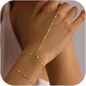 14K Dainty Gold Plated Stackable Link Chain Ring Bracelet Hand Chain for Women